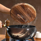 Cast Iron Skillet Hand-Forged Iron, Wooden Handle, 24–28 cm