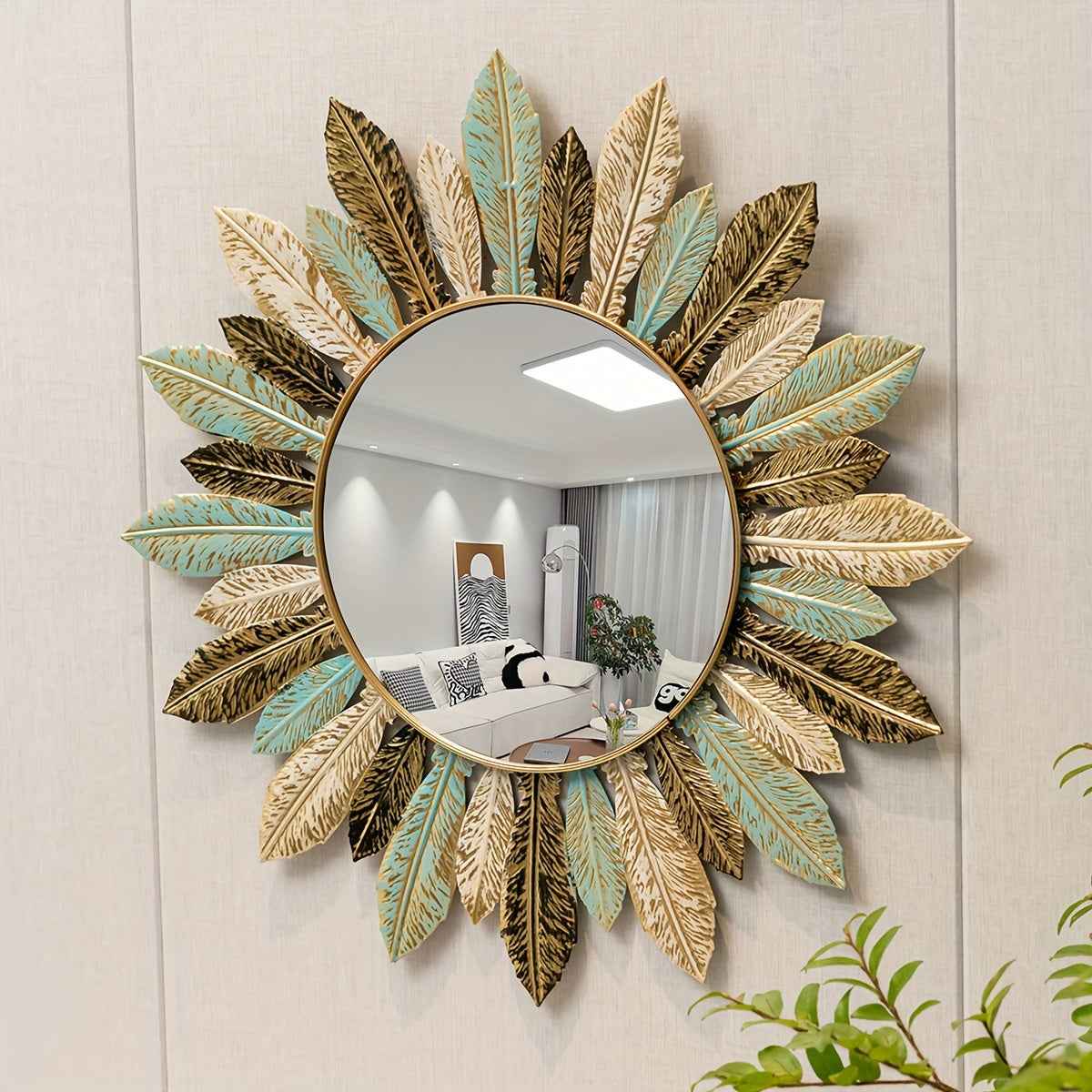 Bela Sunburst Mirror | Handcrafted Metal, Teal & Gold Design