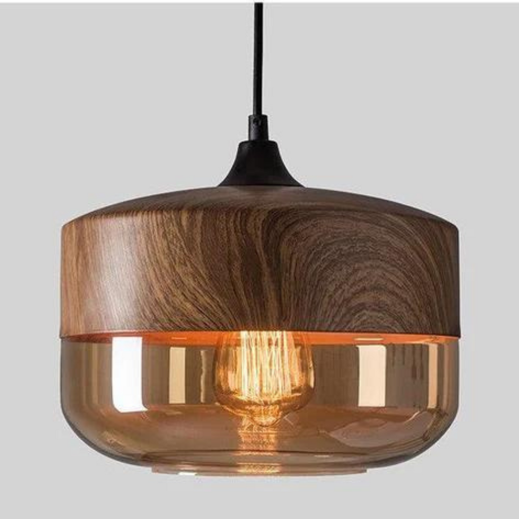 Viresta - Scandinavian Hanging Lamp of Wood and Tinted Glass