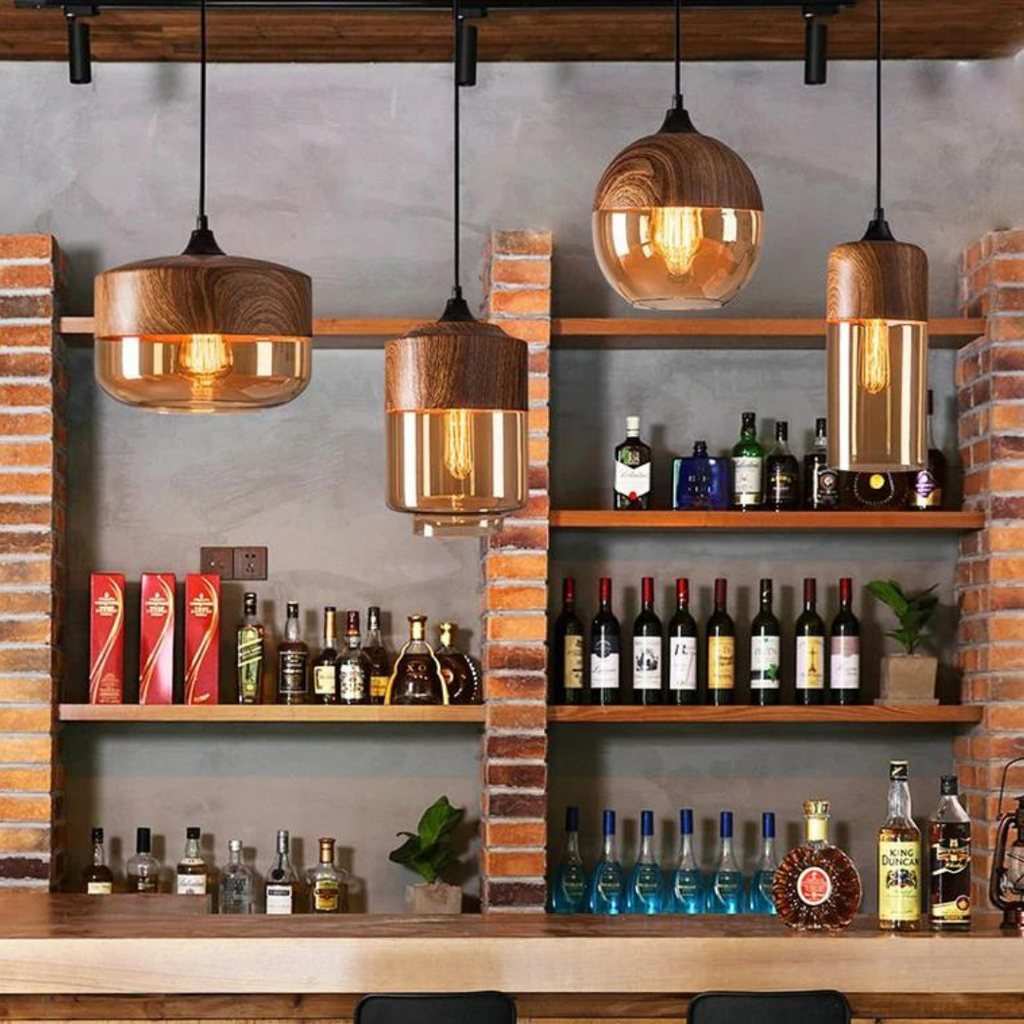 Viresta - Scandinavian Hanging Lamp of Wood and Tinted Glass