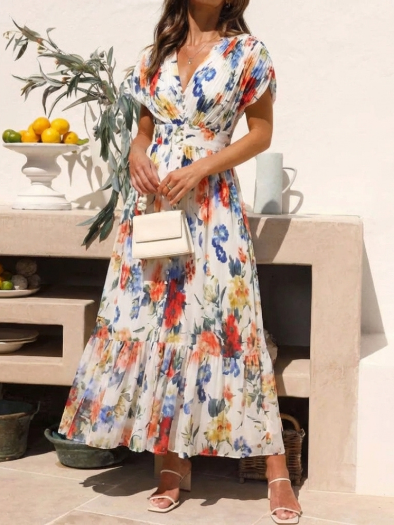 Elegant Floral Maxi Dress for Women Pleated
