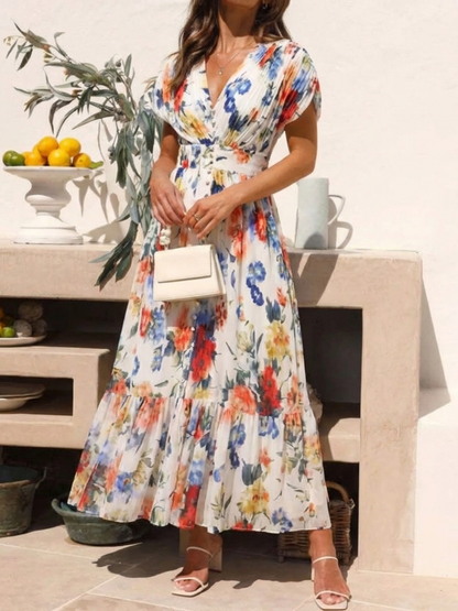Elegant Floral Maxi Dress for Women Pleated
