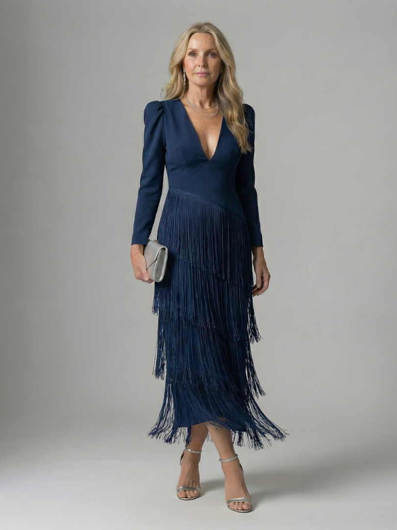 Elegant Fringe Layered Long Sleeve Maxi Dress for Women