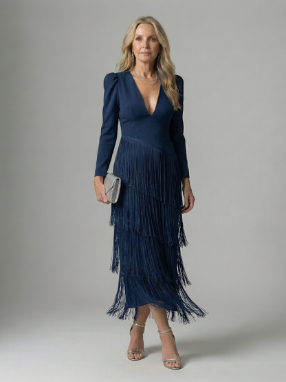 Elegant Fringe Layered Long Sleeve Maxi Dress for Women