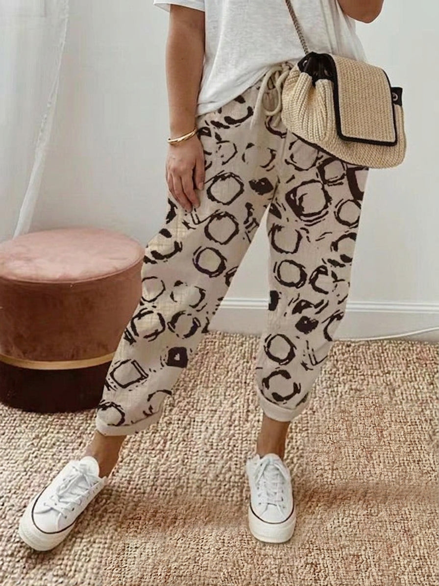 Effortless Jogger Pants for Women Abstract-Print Tapered Drawstring — Cream
