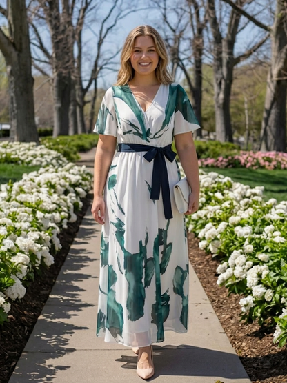 Elegant Maxi Dress for Women Wrap Flutter-Sleeve Belted