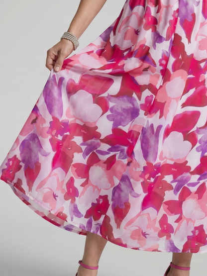 Elegant Maxi Dress for Women Abstract Print Puff-Sleeve