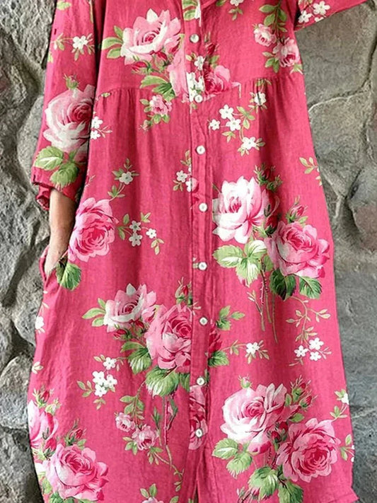 Effortless Maxi Dress for Women Floral-Print Button-Front