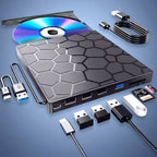 7-in-1 Portable External CD/DVD Drive for Laptop with USB 3.0, USB-C, 8-Port Hub, and SD Card Reader