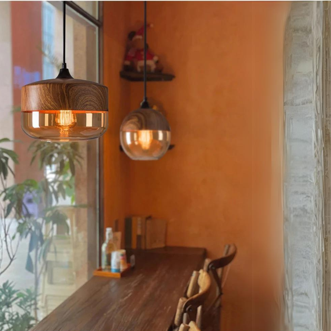 Viresta - Scandinavian Hanging Lamp of Wood and Tinted Glass