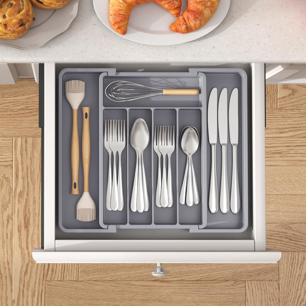 Expandable Flatware Drawer Organizer Tray with Adjustable Dividers for Silverware