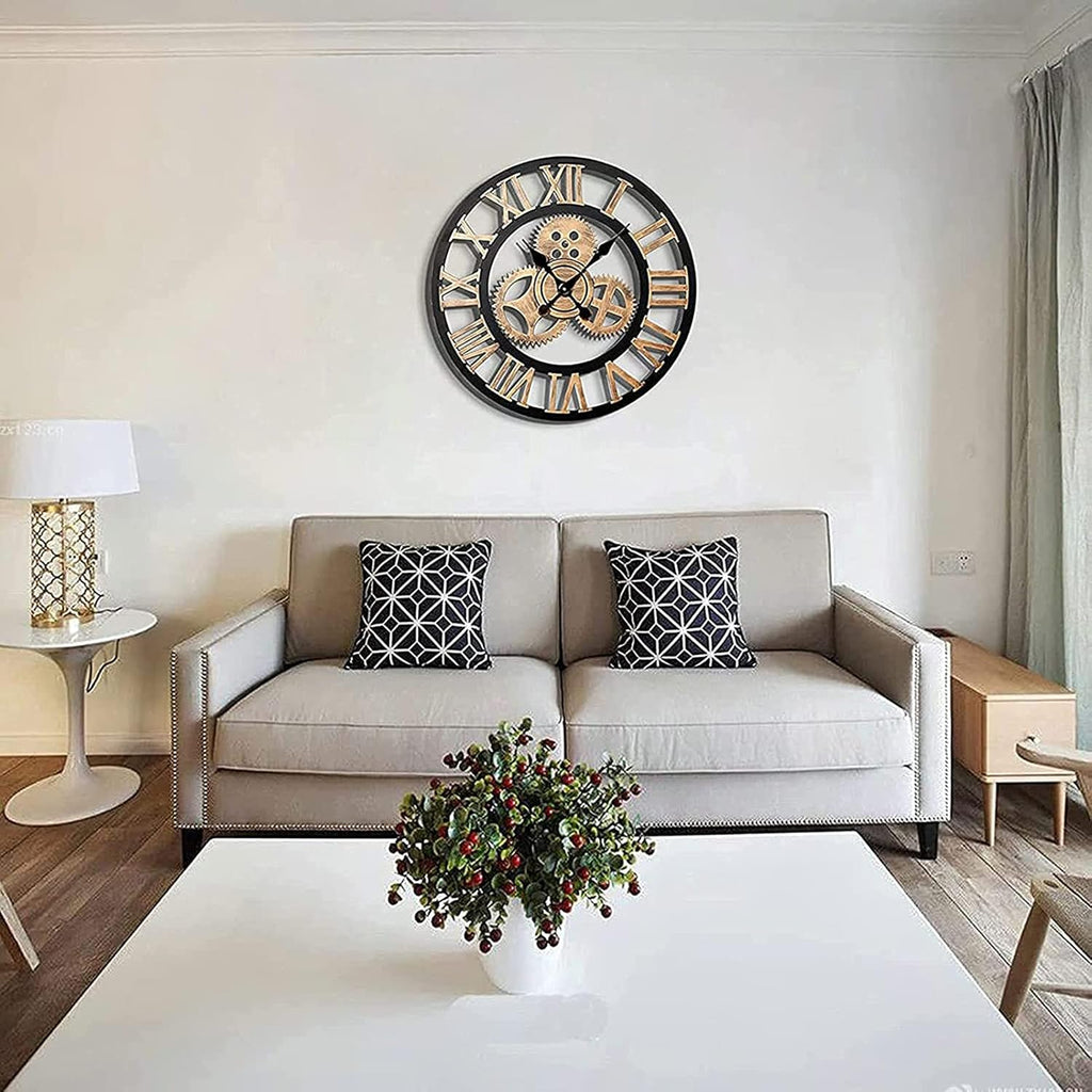 Industrial Gear Wall Clock, Roman Numerals, Silent Non-Ticking Movement