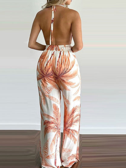 Elegant Maxi Dress for Women Halter Deep-V Palm-Print