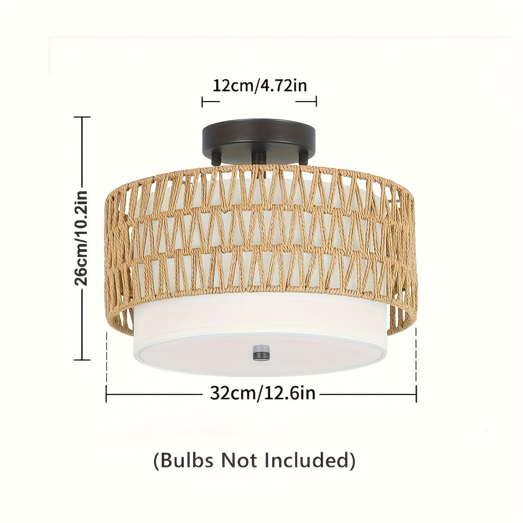 Bela Rattan Ceiling Light | Semi-Flush Mount with Linen Shade