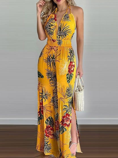 Elegant Maxi Dress for Women Halter Deep-V Palm-Print