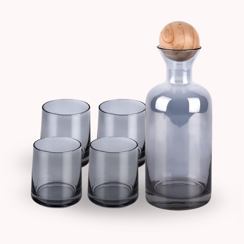 Bela Glass Decanter Set | Borosilicate Jug with 4 Grey Glasses