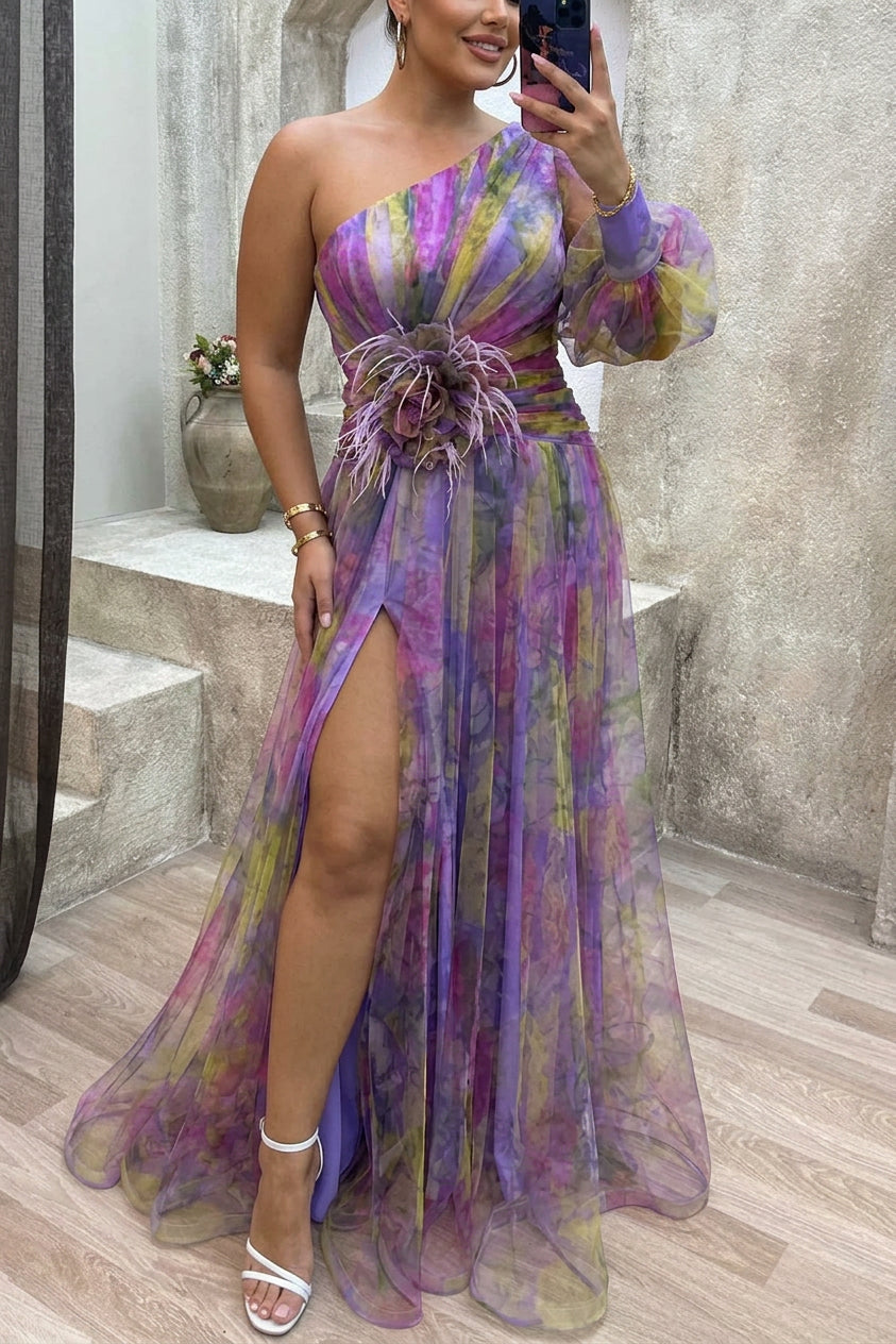 Elegant Maxi Dress for Women One-Shoulder Floral-Print Tulle