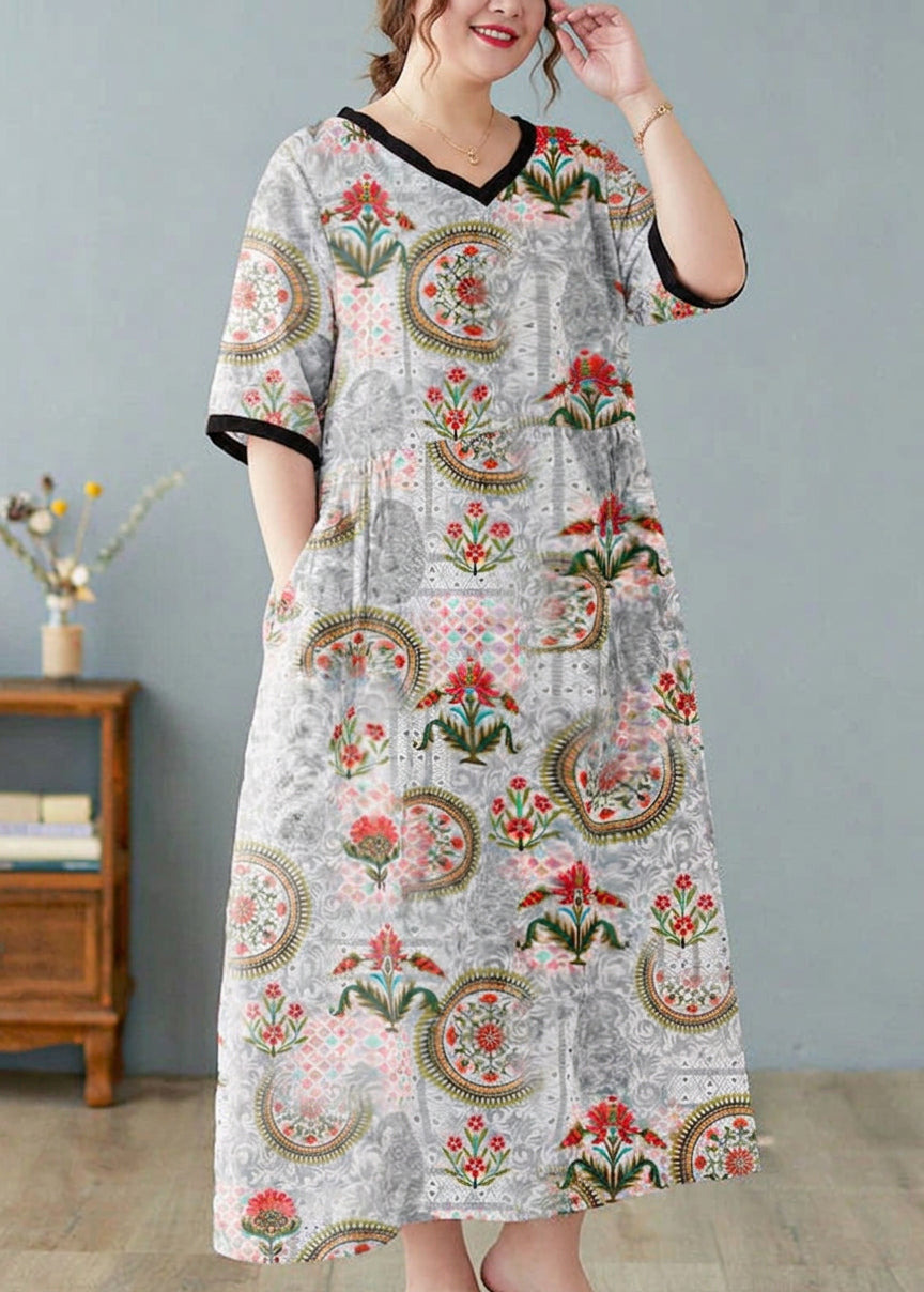 Effortless Maxi Dress for Women V-Neck Floral-Print Short-Sleeve