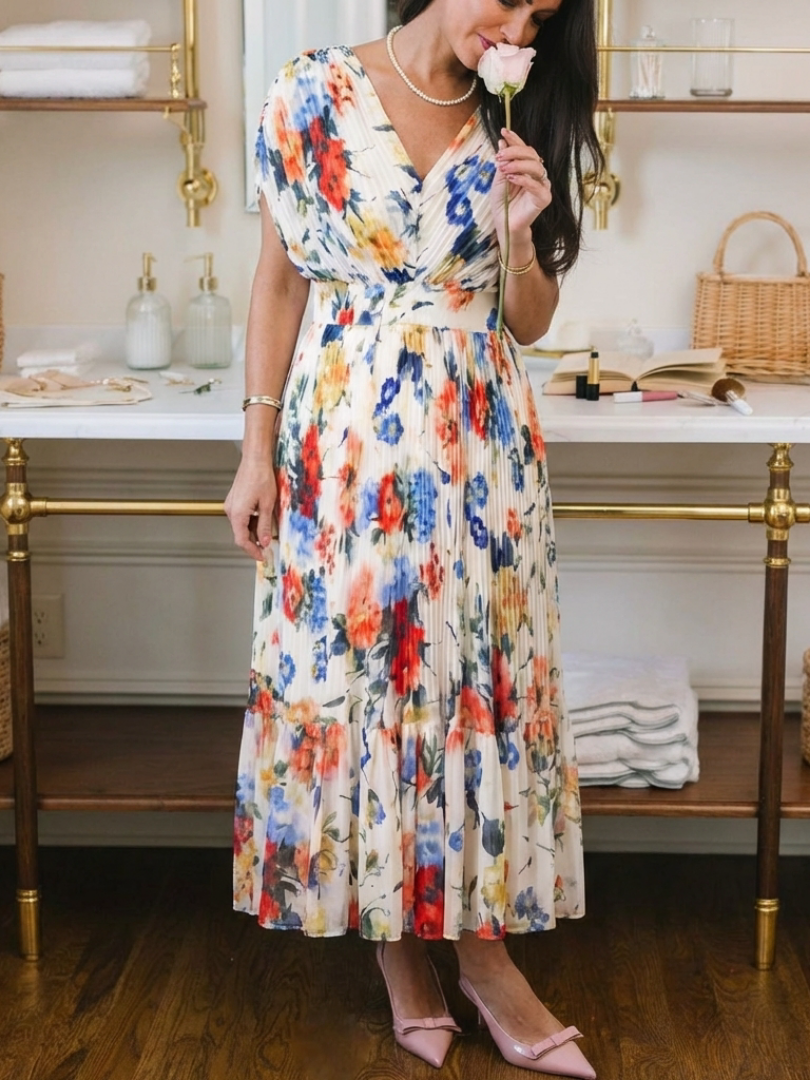 Elegant Floral Maxi Dress for Women Pleated