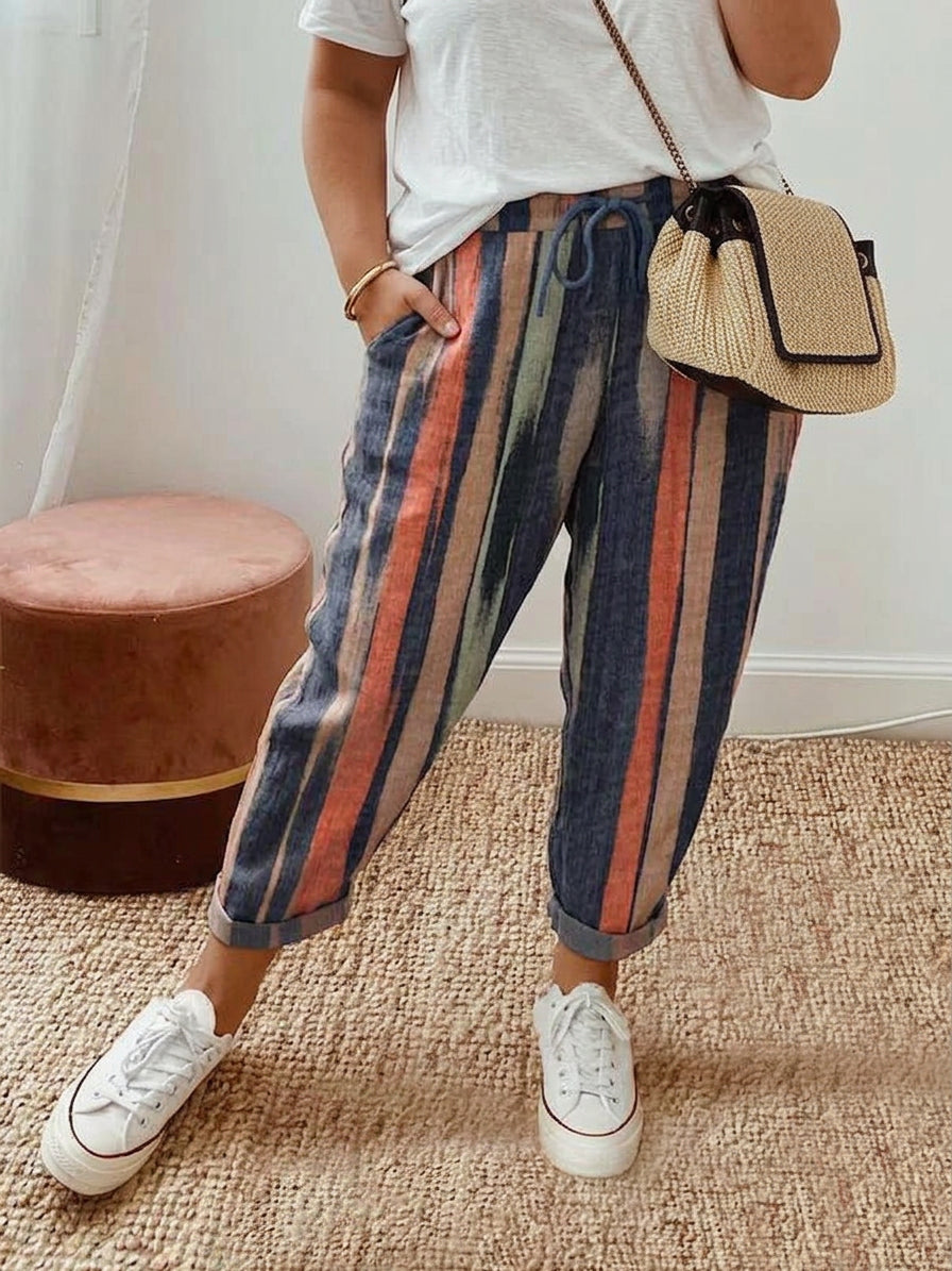 Effortless Jogger Pants for Women Striped Tapered Drawstring — Navy
