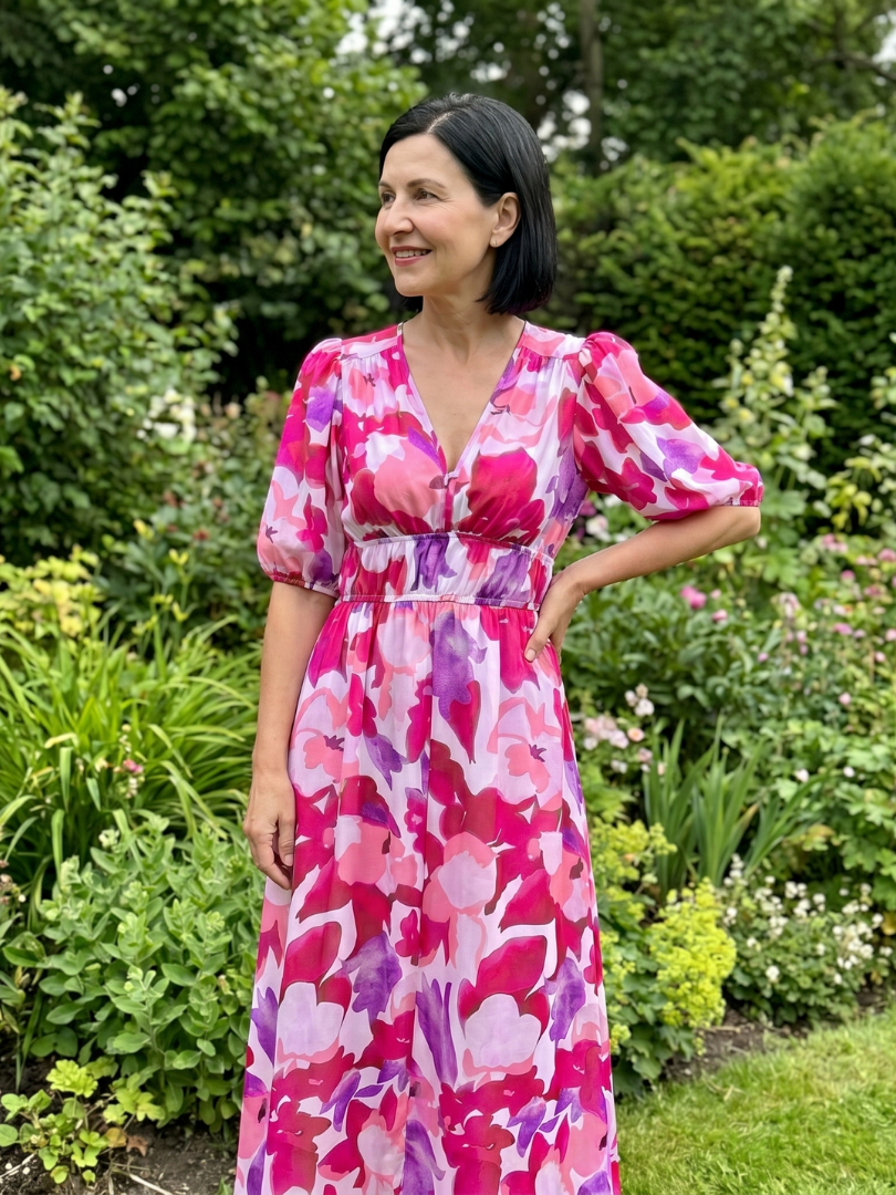 Elegant Maxi Dress for Women Abstract Print Puff-Sleeve