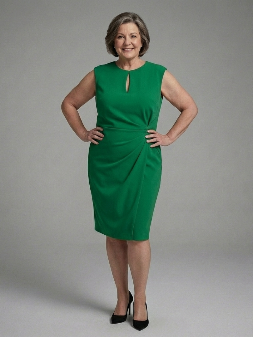 Elegant Sheath Dress for Women Keyhole Ruched Cap-Sleeve