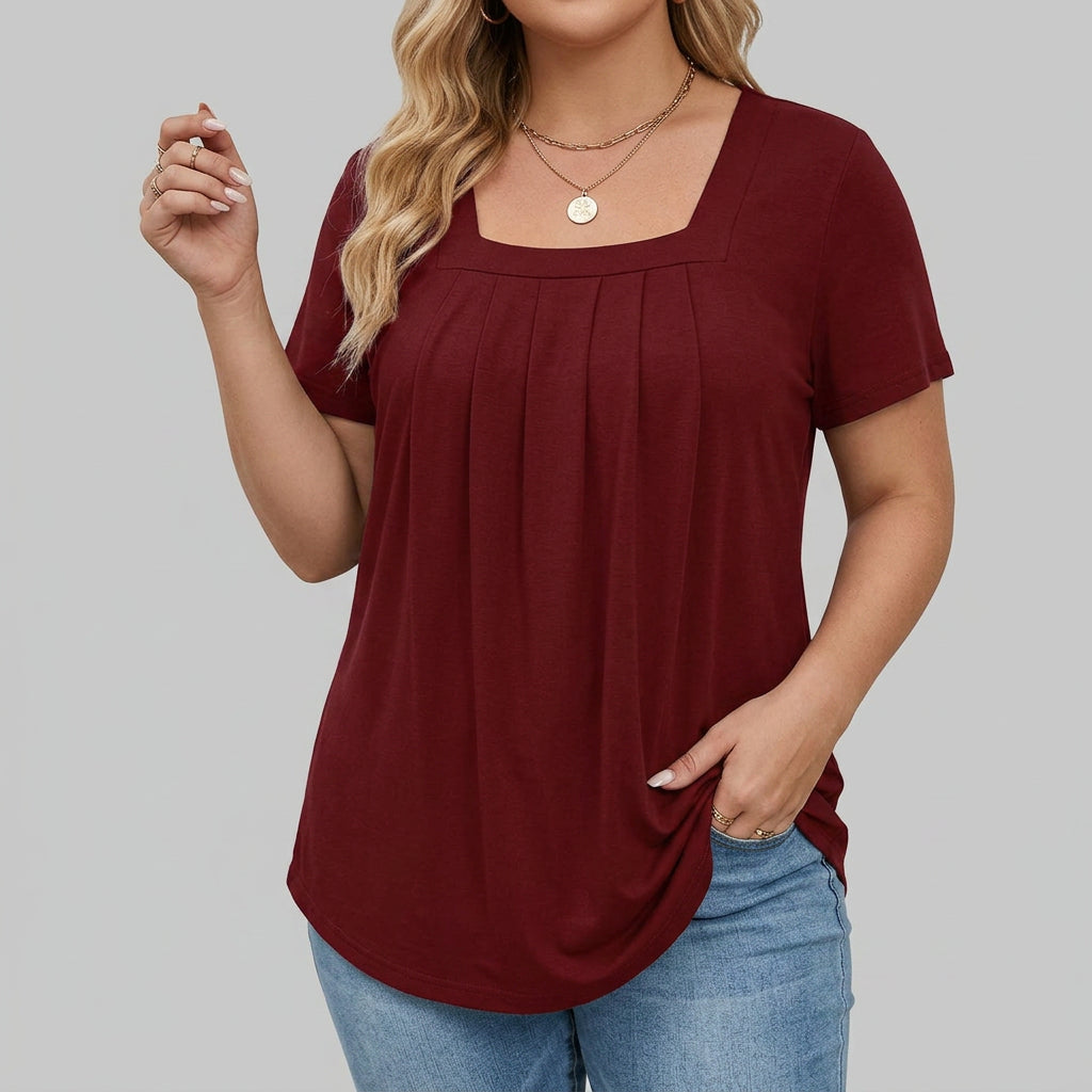 Elegant Blouse for Women Square-Neck Short-Sleeve Pleated