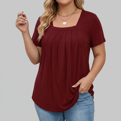 Elegant Blouse for Women Square-Neck Short-Sleeve Pleated