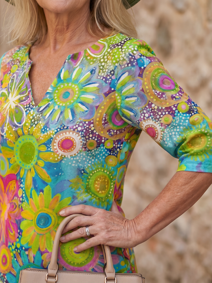 Stylish Knee-Length Dress for Women Floral-Print V-Neck Half-Sleeve