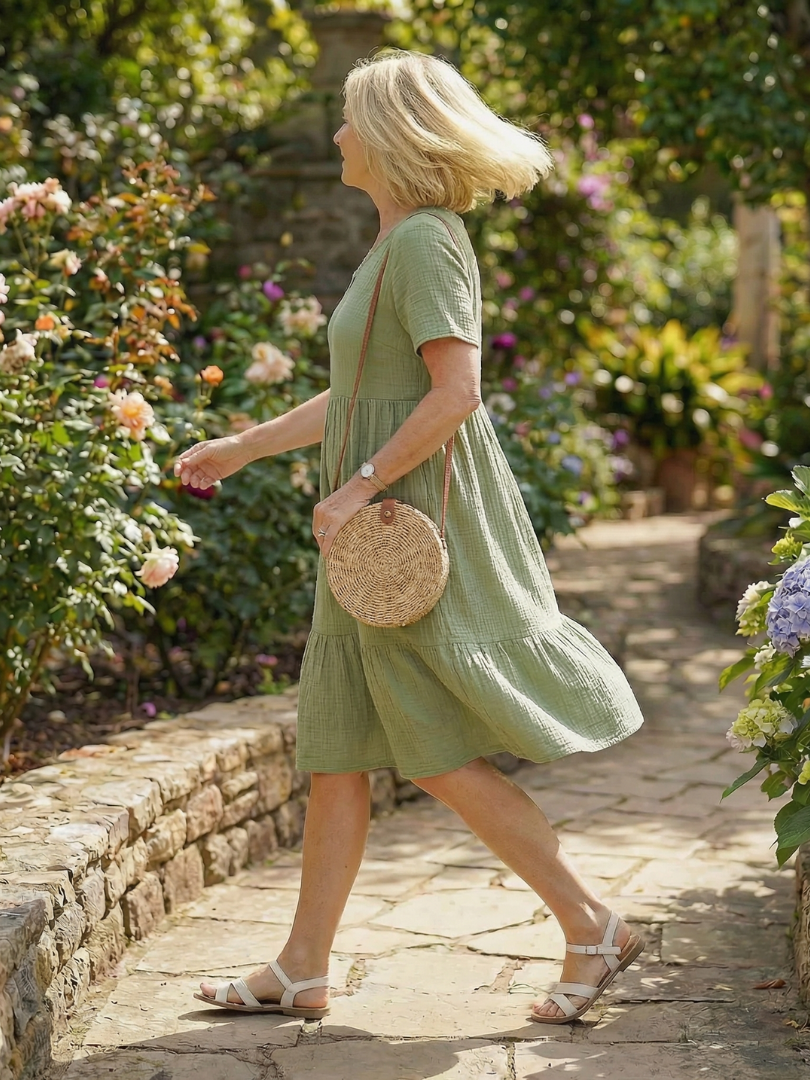 Effortless A-Line Dress for Women Textured Tiered V-Neck