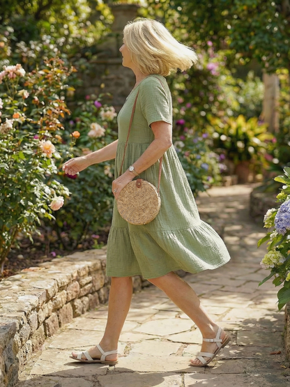 Effortless A-Line Dress for Women Textured Tiered V-Neck