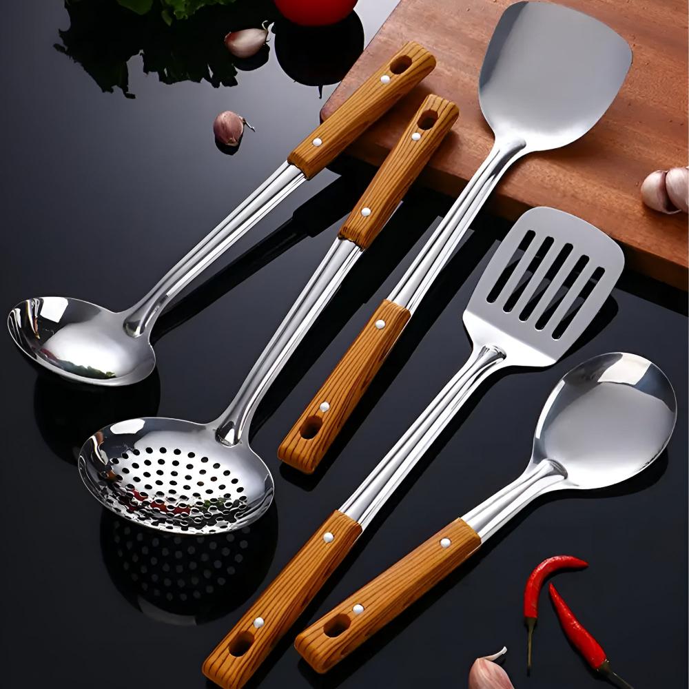 Culinor - Stainless Steel Kitchen Utensils Set with Wooden Handles 5-Piece