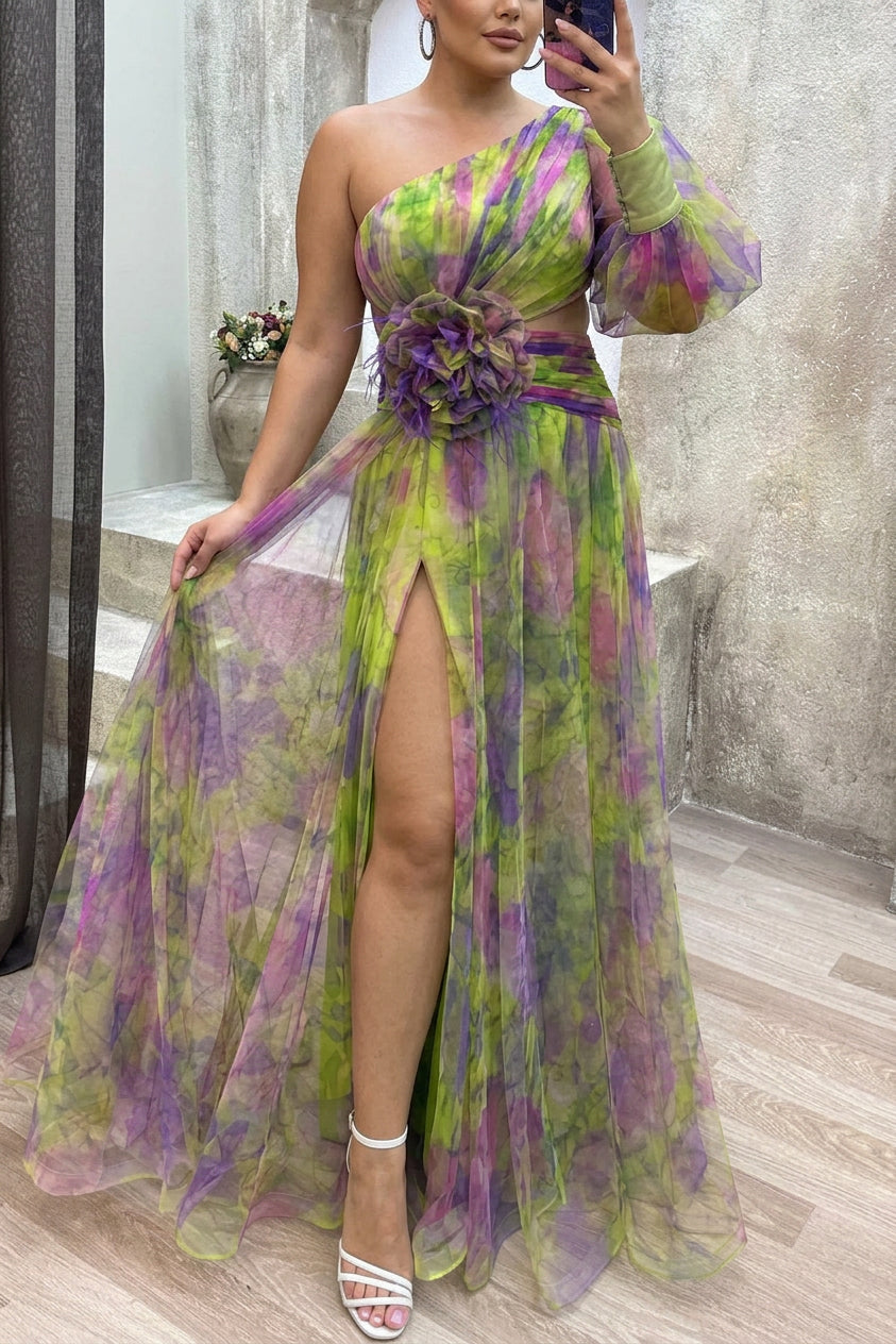 Elegant Maxi Dress for Women One-Shoulder Floral-Print Tulle