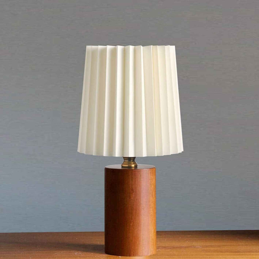 Classic Korean Pleated Column Table Lamp with Solid Wood Base - 1 Light