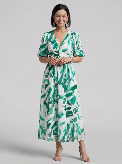 Elegant Maxi Dress for Women Abstract Print Puff-Sleeve