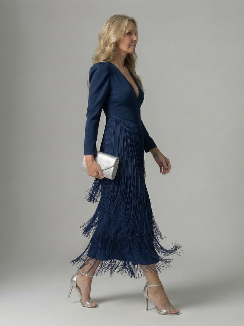 Elegant Fringe Layered Long Sleeve Maxi Dress for Women