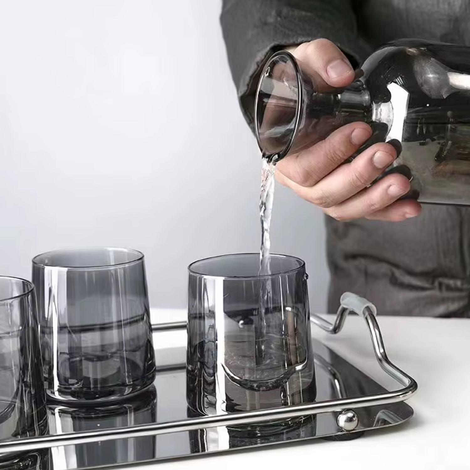 Bela Glass Decanter Set | Borosilicate Jug with 4 Grey Glasses
