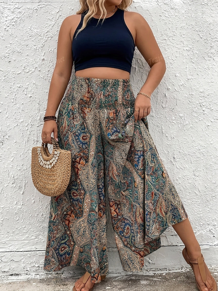 Effortless Wide-Leg Pants for Women High-Waist Paisley-Print Layered — Multicolor