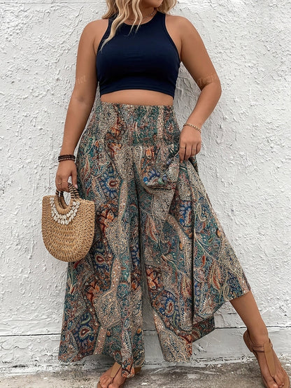Effortless Wide-Leg Pants for Women High-Waist Paisley-Print Layered — Multicolor
