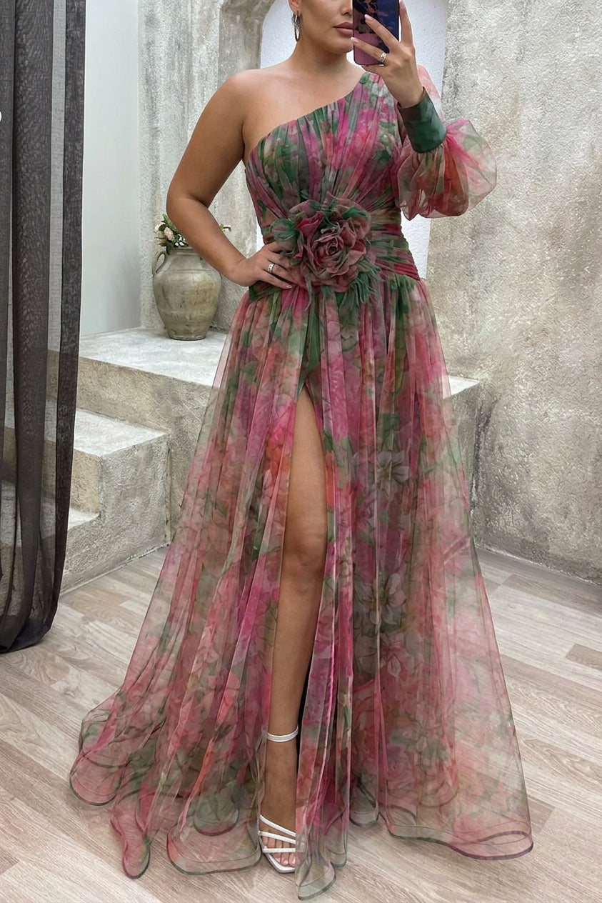 Elegant Maxi Dress for Women One-Shoulder Floral-Print Tulle
