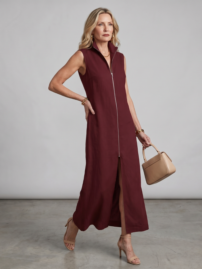Elegant Front Slit Zip Maxi Dress for Women