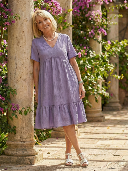 Effortless A-Line Dress for Women Textured Tiered V-Neck