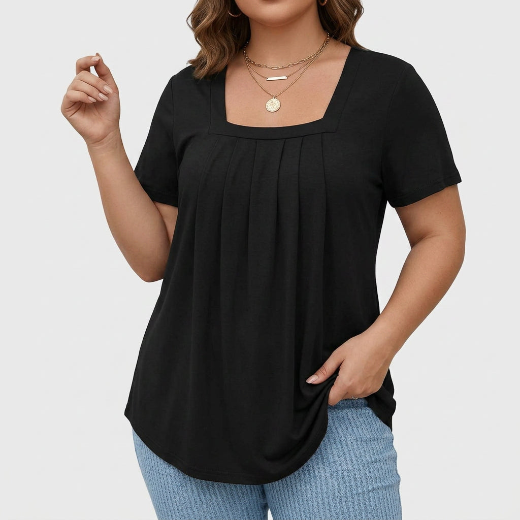 Elegant Blouse for Women Square-Neck Short-Sleeve Pleated
