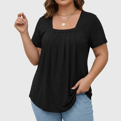 Elegant Blouse for Women Square-Neck Short-Sleeve Pleated