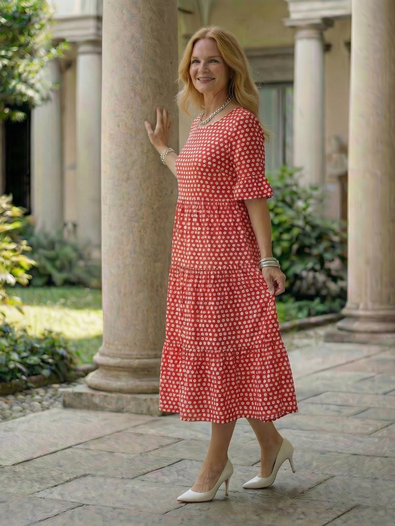 Effortless Midi Dress for Women Polka Dot Tiered