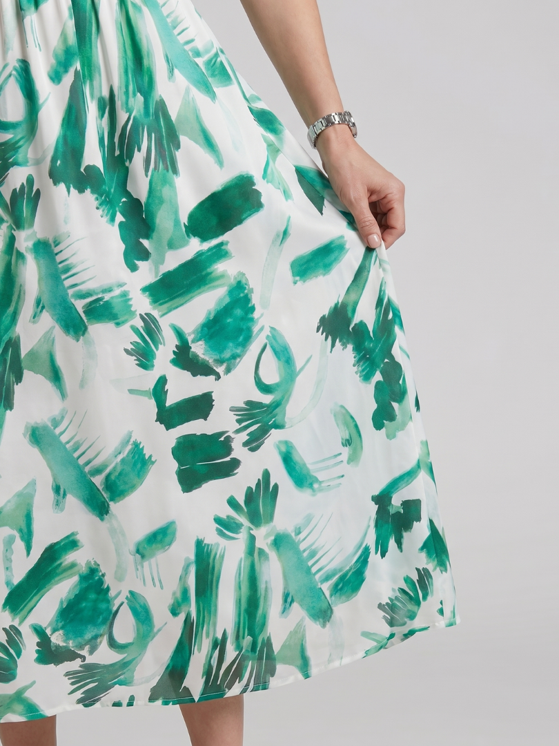 Elegant Maxi Dress for Women Abstract Print Puff-Sleeve