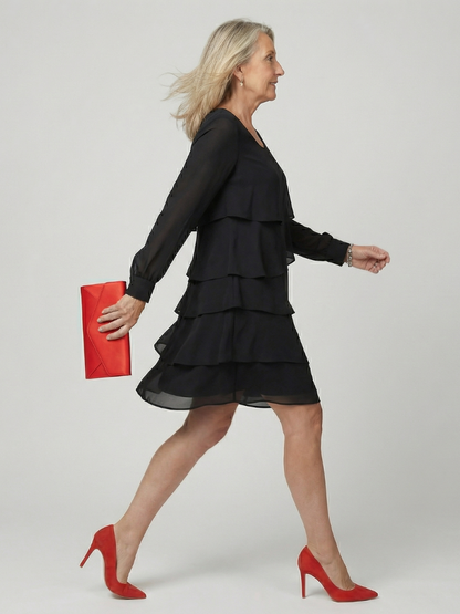 Elegant Layered Dress for Women Long-Sleeve Knee-Length