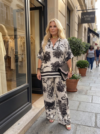 Effortless Two-Piece Set for Women Floral-Print Wrap-Top Wide-Leg