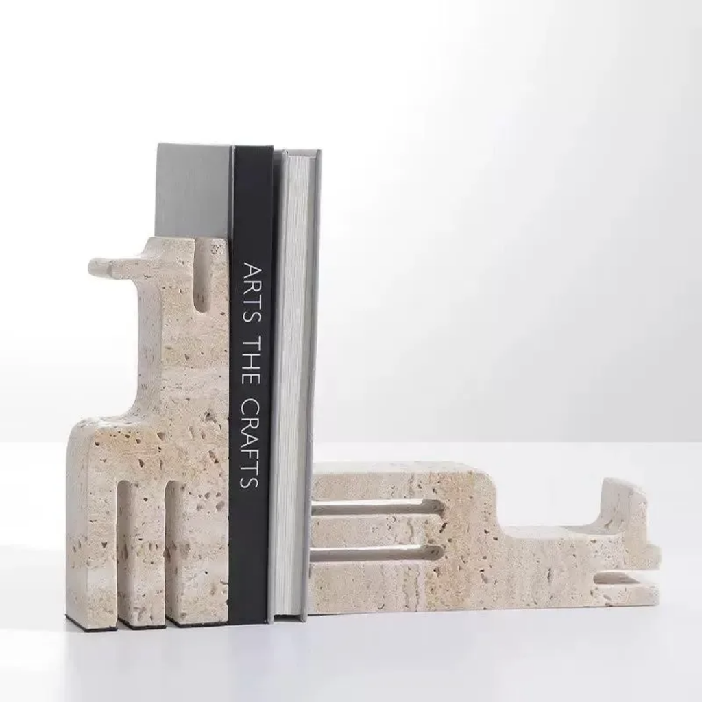 Bela Ethnic Sculpture Bookends | Travertine Marble, Abstract Design