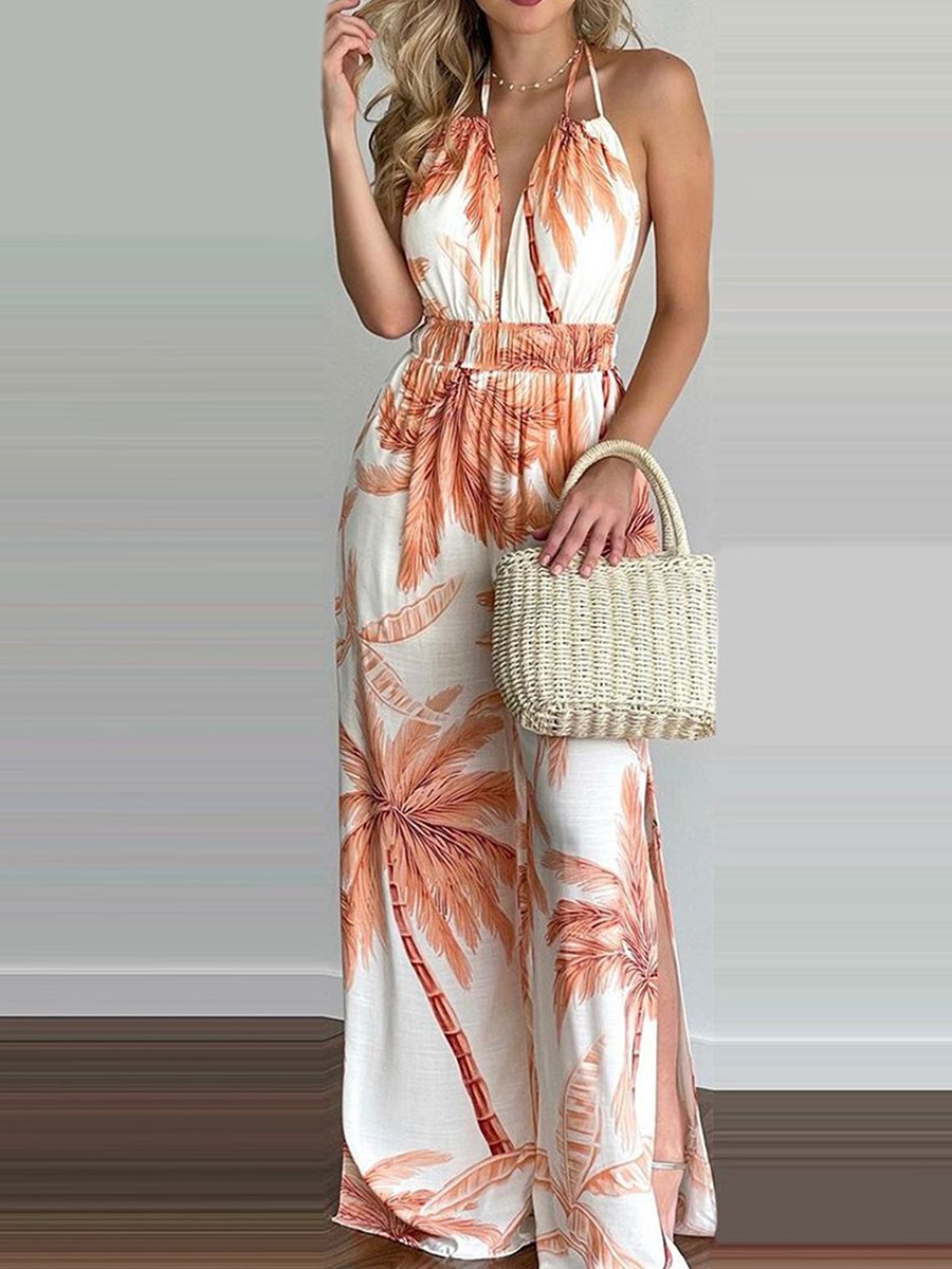 Elegant Maxi Dress for Women Halter Deep-V Palm-Print